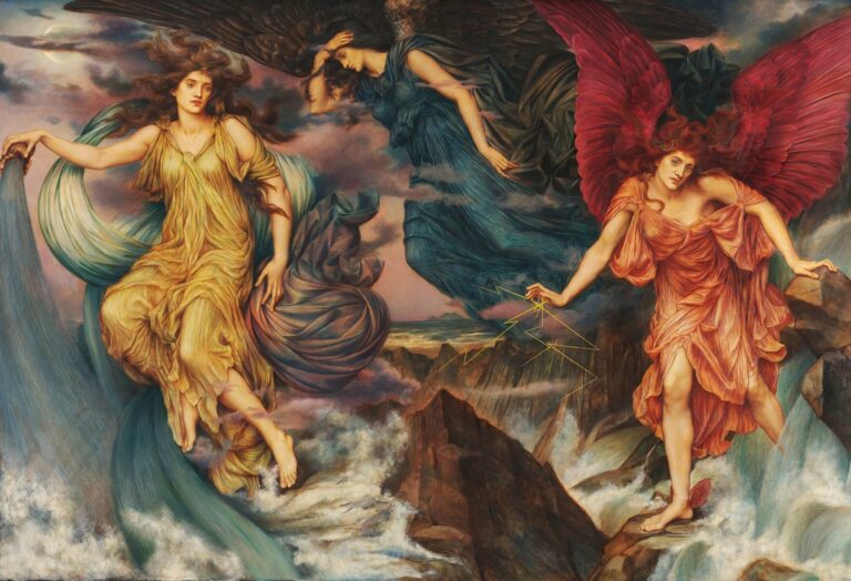 Three ethereal female figures with flowing robes and wings—one pouring water into the sea, one bowing in contemplative blue drapery, and one wielding lightning with crimson wings—stand atop jagged rocks beneath a stormy sky in Evelyn De Morgan’s 1900 painting The Storm Spirits.