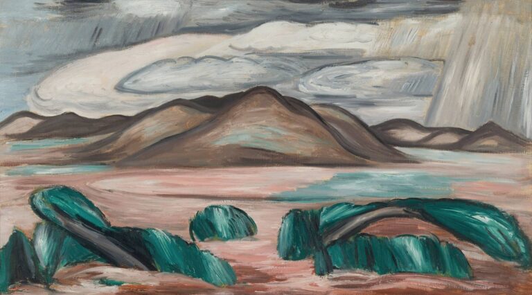 Oil painting by Marsden Hartley titled New Mexico Recollection No. 8 (1923): a pink desert plain with teal-green windblown shrubs in the foreground, a brown mountain ridge across the middle distance, and a stormy gray sky with looping clouds and a diagonal sheet of rain, all rendered in simplified, curving forms and expressive brushstrokes.