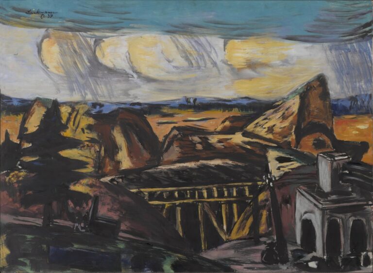 Max Beckmann’s Large Quarry in Upper Bavaria (1934): an oil painting depicting yellow-brown quarry mounds, a skeletal yellow bridge spanning a deep chasm, a gray industrial building, and a lone pine against a vibrant blue and stormy sky.