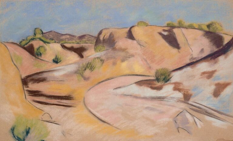 Pastel landscape by Marsden Hartley titled New Mexico (1918), showing a pale pink and ochre arroyo curving through rounded desert hills with sparse green shrubs under a light blue sky, rendered in soft, simplified shapes and dark contours.