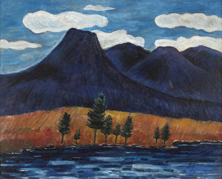 Marsden Hartley’s Blue Landscape (1942), oil on canvas: a stylized river in layered blues flows beneath an ochre bank lined with evergreen trees, in front of deep indigo mountain peaks under a bright blue sky with white clouds.
