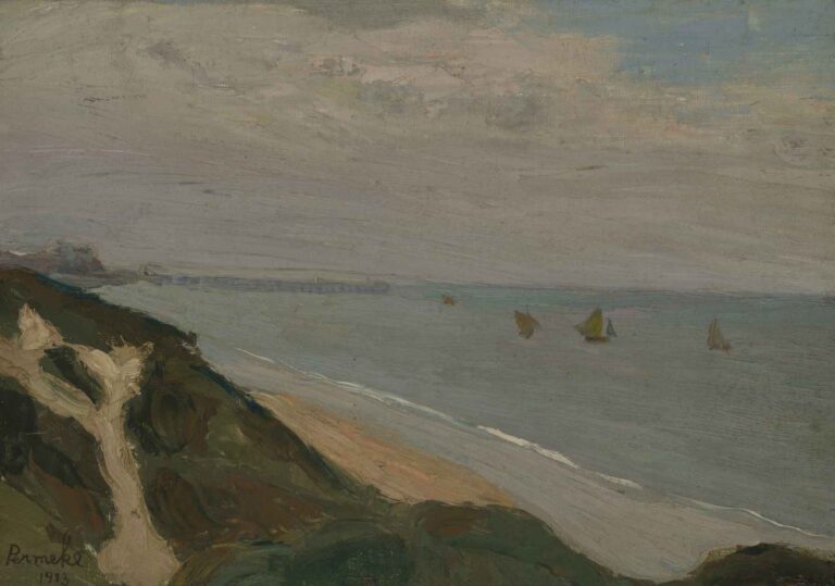 Oil painting of a windswept North Sea coast with dark dunes in the foreground, frothy gray-blue surf meeting a muted horizon, under layered gray clouds streaked with pale light.