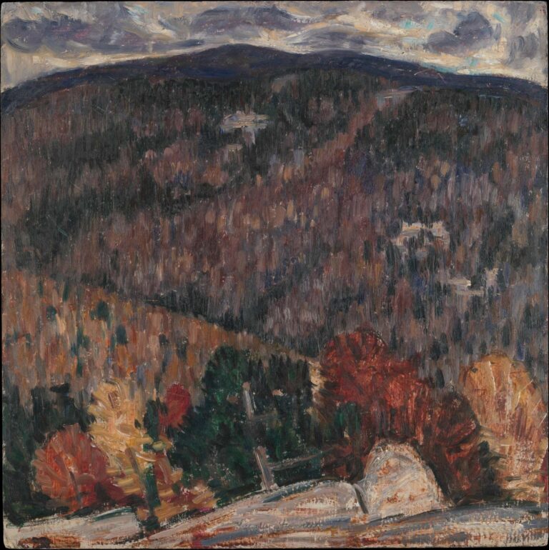 Marsden Hartley’s Landscape No. 25 (1909), oil on canvas, depicting foreground granite ledge, vertical strokes of russet and green foliage, a distant blue‑violet ridge, and a turbulent gray sky rendered in dynamic brushwork.