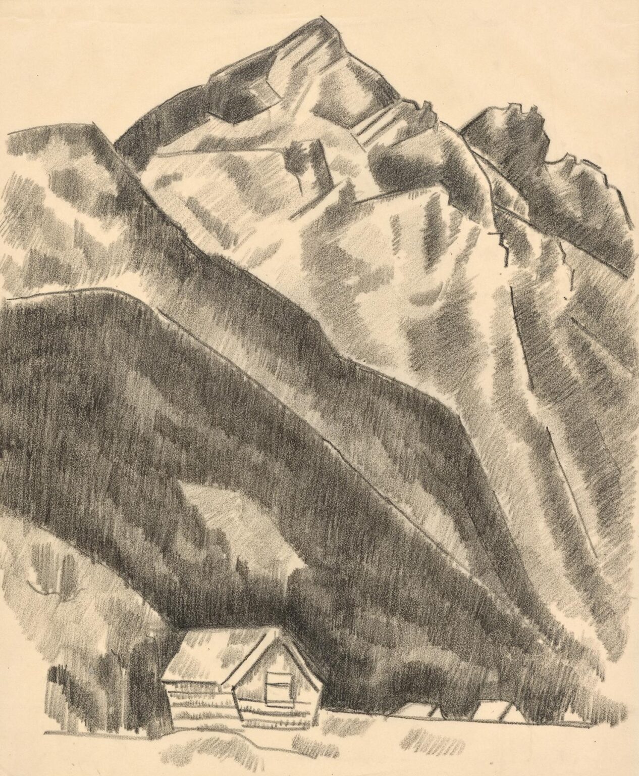 Graphite drawing by Marsden Hartley, “Mountain Landscape” (1935): a massive, faceted mountain rendered in dark, hatched tones rises across the sheet, while a small cabin with a pitched roof sits at the base; strong diagonals, crisp contours, and untouched paper sky emphasize scale and simplicity.