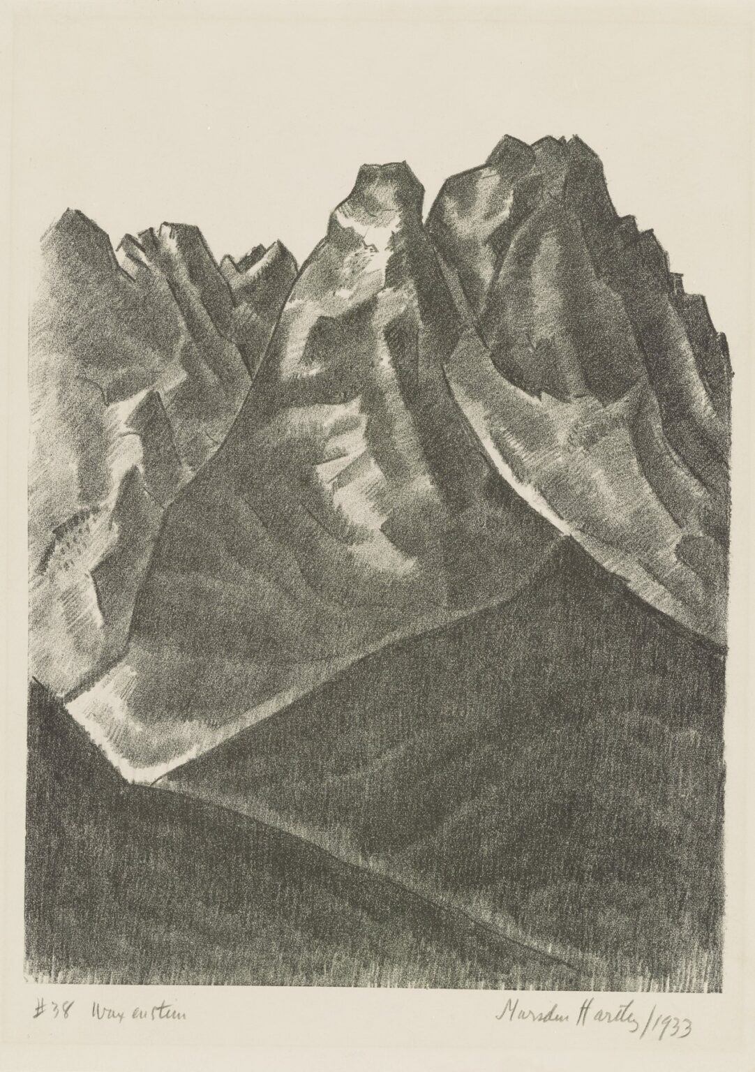 Monochrome lithograph of Waxenstein showing three jagged mountain peaks rendered in textured shades of gray with deep shadows in the foreground and a blank sky above.