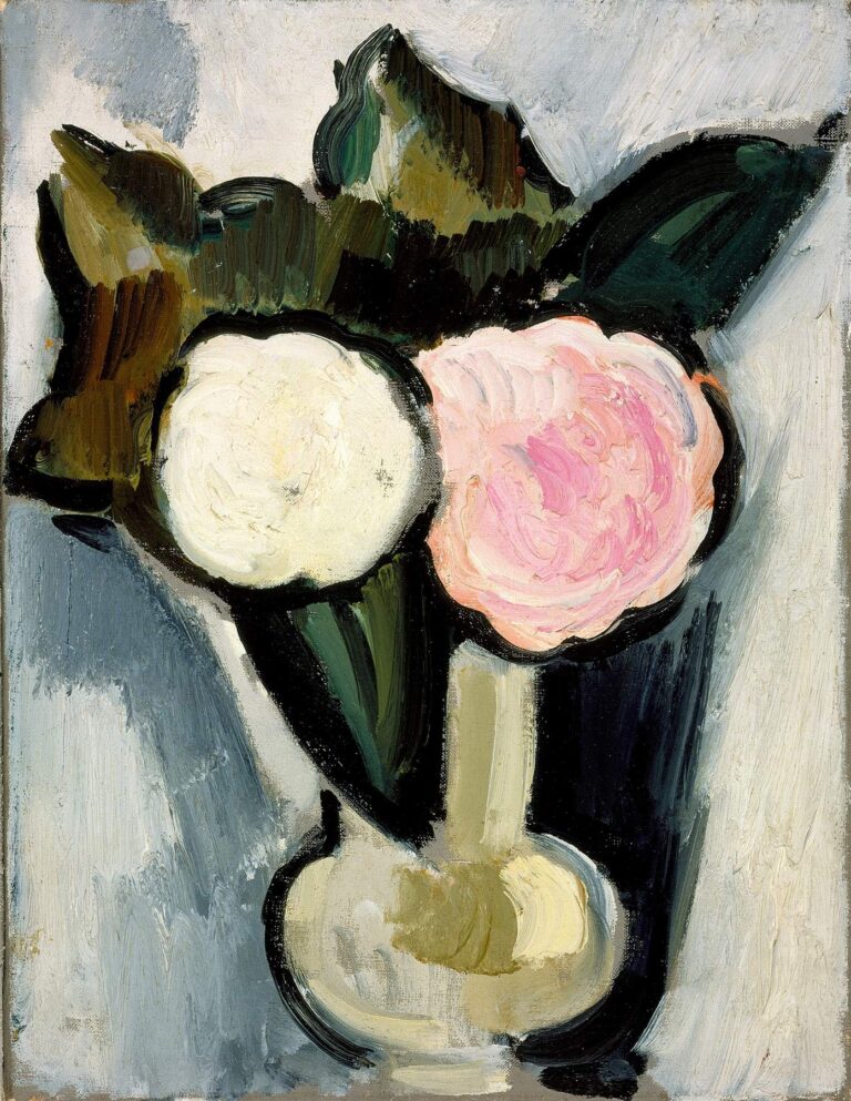 Marsden Hartley’s Pink and White Flowers in a Vase (1929), oil on canvas: two large blossoms—one white, one pink—in a black vase set against a background of gray, green, and black planes, rendered with bold outlines and expressive brushwork.
