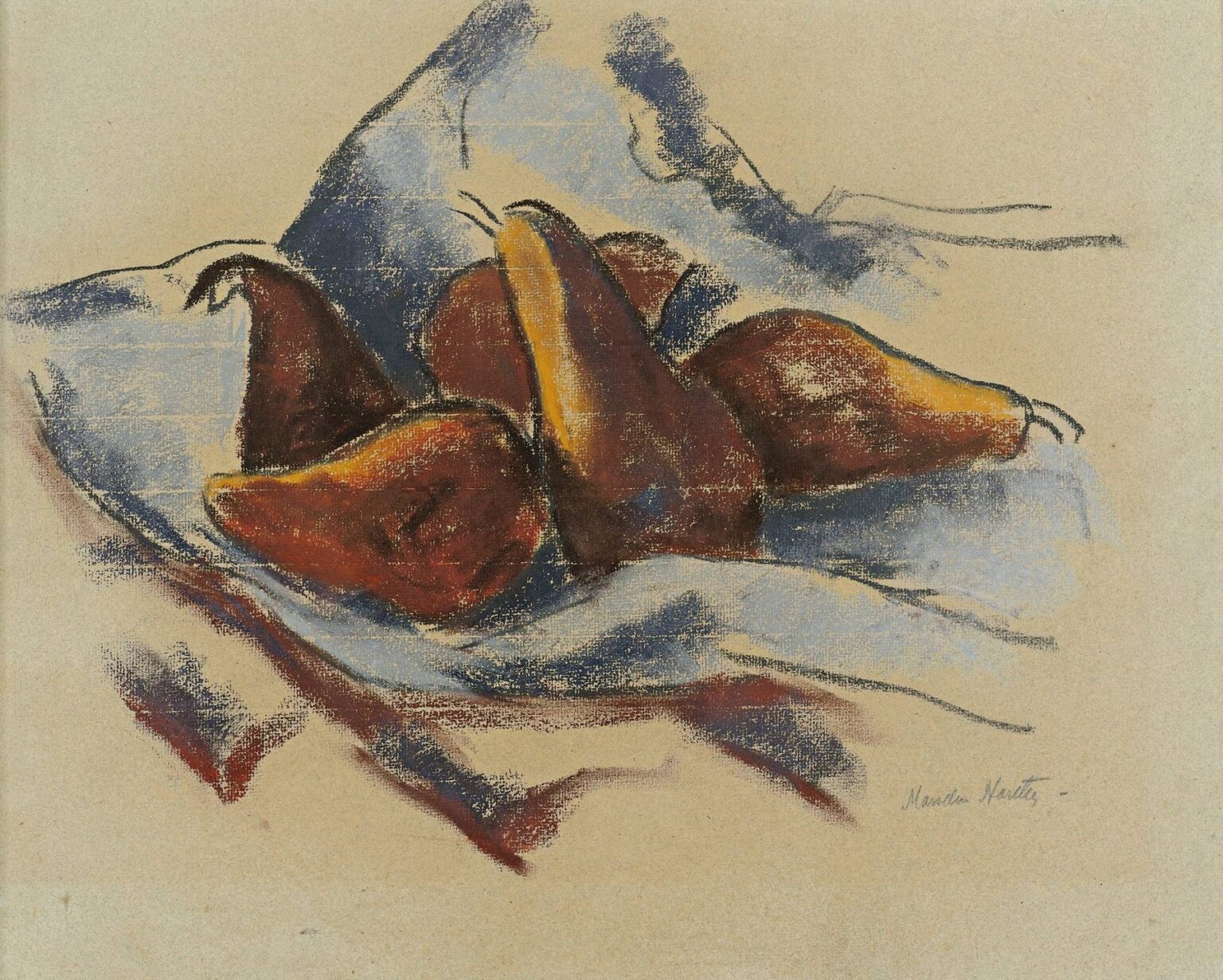 Pastel drawing by Marsden Hartley showing several russet and yellow pears resting on a loosely sketched blue cloth, with broken dark outlines and visible paper ground, creating a lively, textured still life on beige paper.