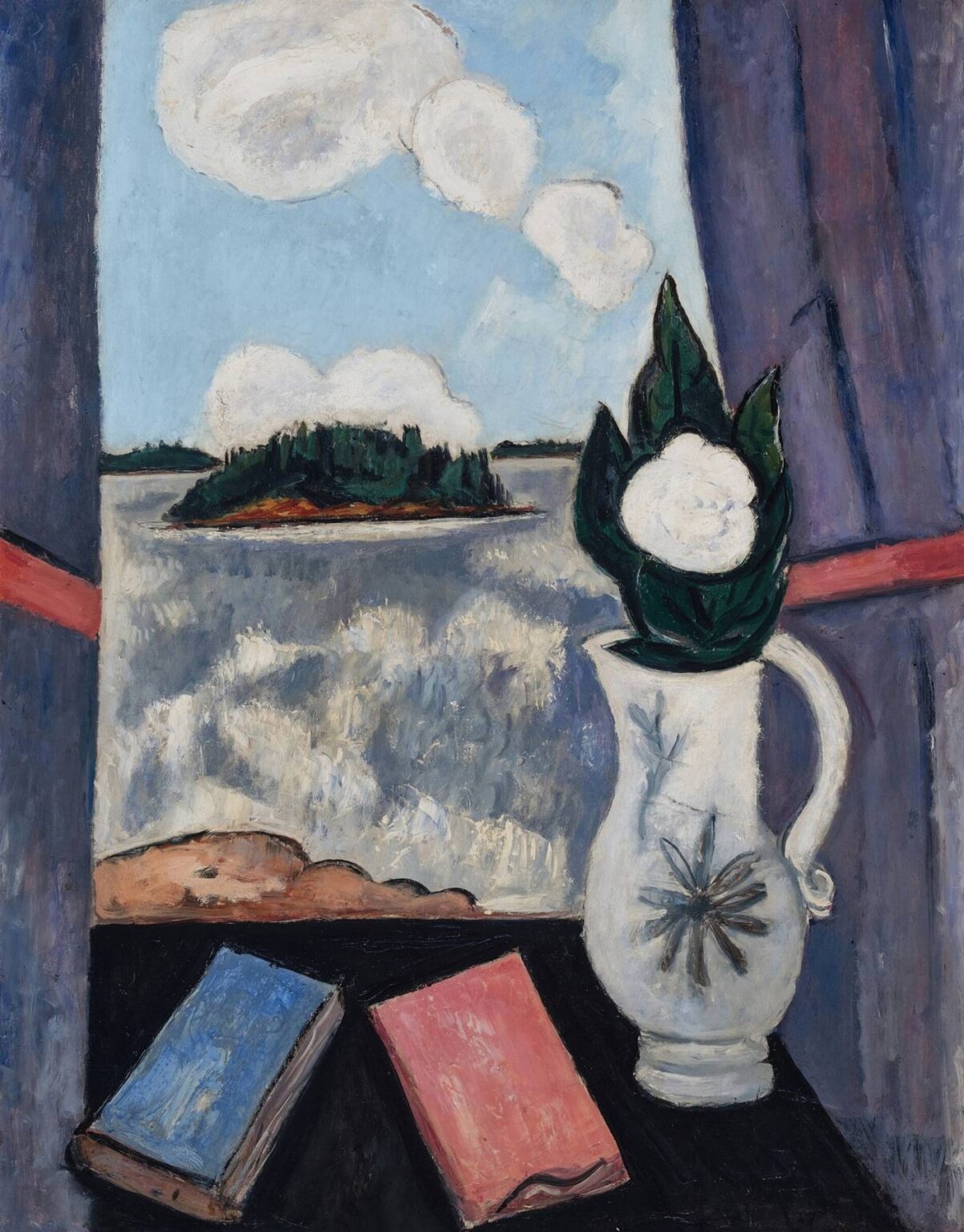 Oil painting by Marsden Hartley, Summer Sea Window (1940): a dark tabletop holds a white pitcher with a single white flower and two closed books, seen in front of an open window that reveals a small green island on shimmering water beneath a pale blue sky dotted with rounded white clouds, flanked by purple curtains.