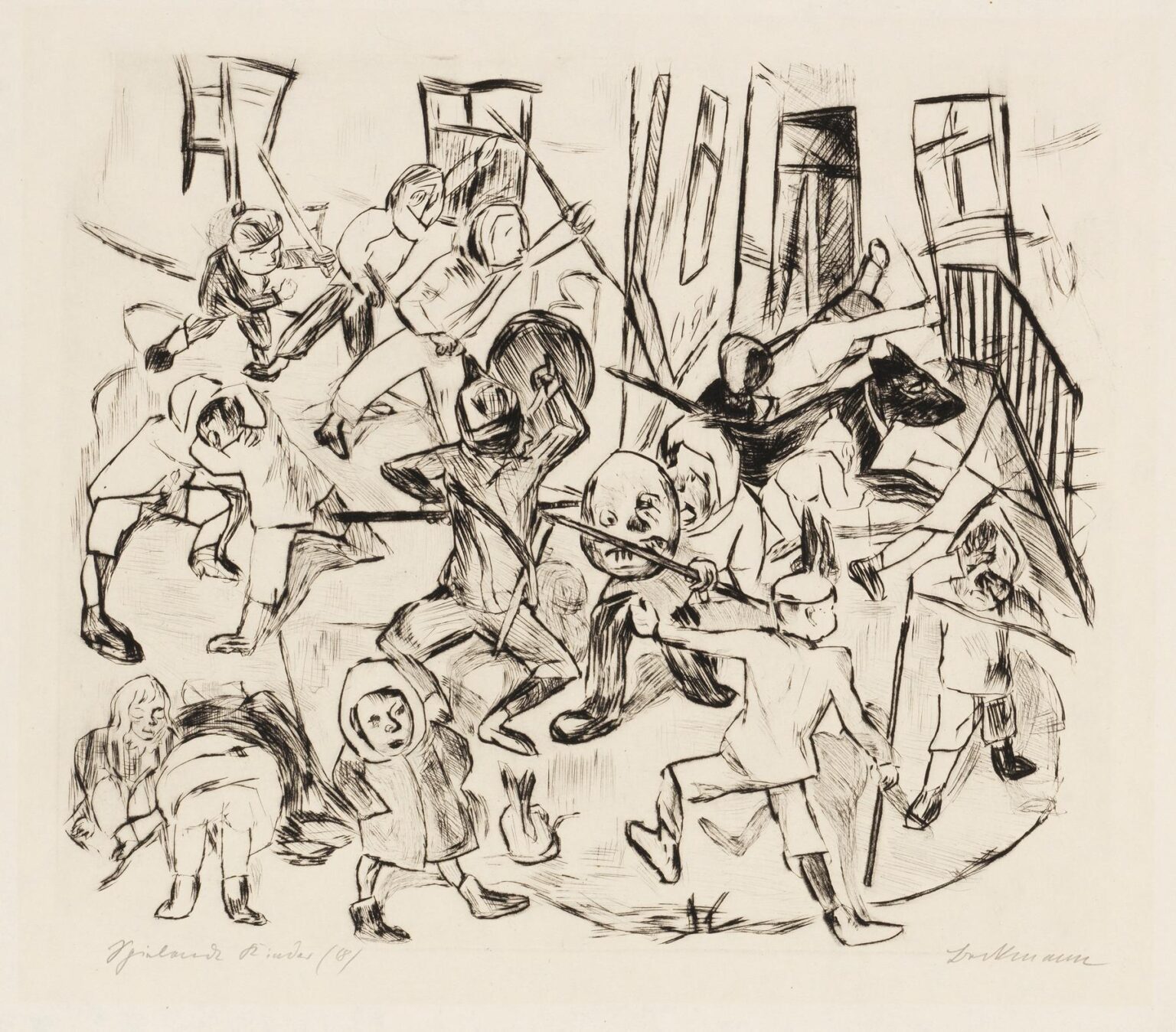 Black-and-white etching “Gesichter Pl.02” by Max Beckmann depicting a circular group of children holding sticks around a central rabbit, set within an angular interior of tilted doorways and windows.