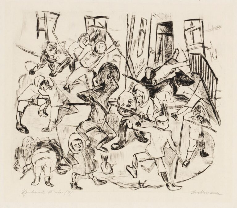 Black-and-white etching “Gesichter Pl.02” by Max Beckmann depicting a circular group of children holding sticks around a central rabbit, set within an angular interior of tilted doorways and windows.