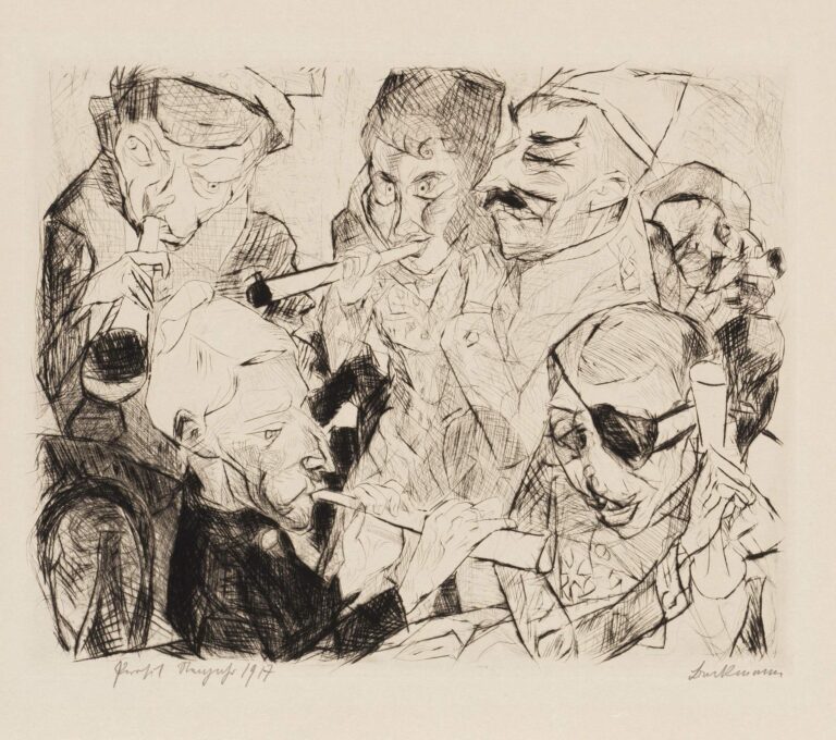 Black-and-white etching “Gesichter Pl.03” by Max Beckmann showing seven angular, masklike figures blowing into hornlike instruments in a tight, ritualistic formation.