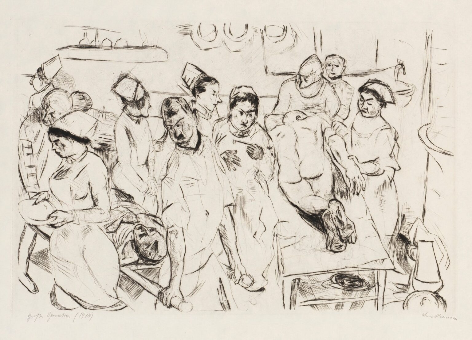 Black-and-white etching “Gesichter Pl.04” by Max Beckmann depicting a crowded surgical scene: a central nude patient on an operating table, a surgeon and nurses in clinical caps, a reclining corpse, and onlookers under round overhead lamps.