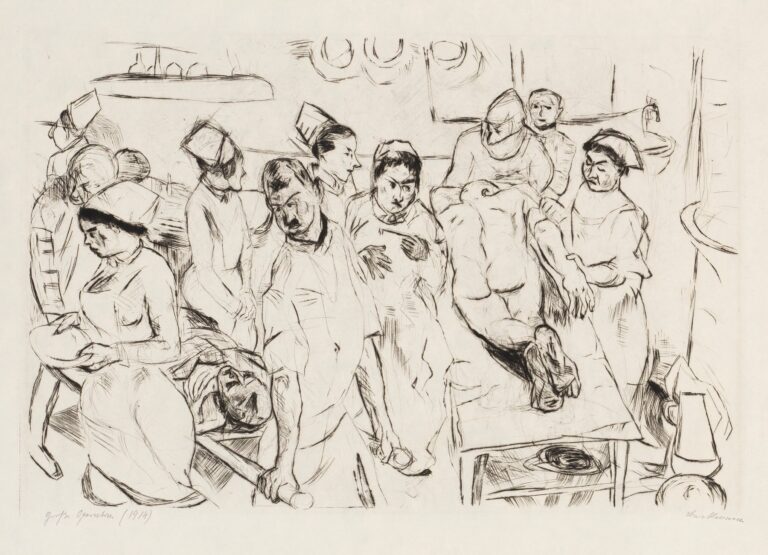 Black-and-white etching “Gesichter Pl.04” by Max Beckmann depicting a crowded surgical scene: a central nude patient on an operating table, a surgeon and nurses in clinical caps, a reclining corpse, and onlookers under round overhead lamps.