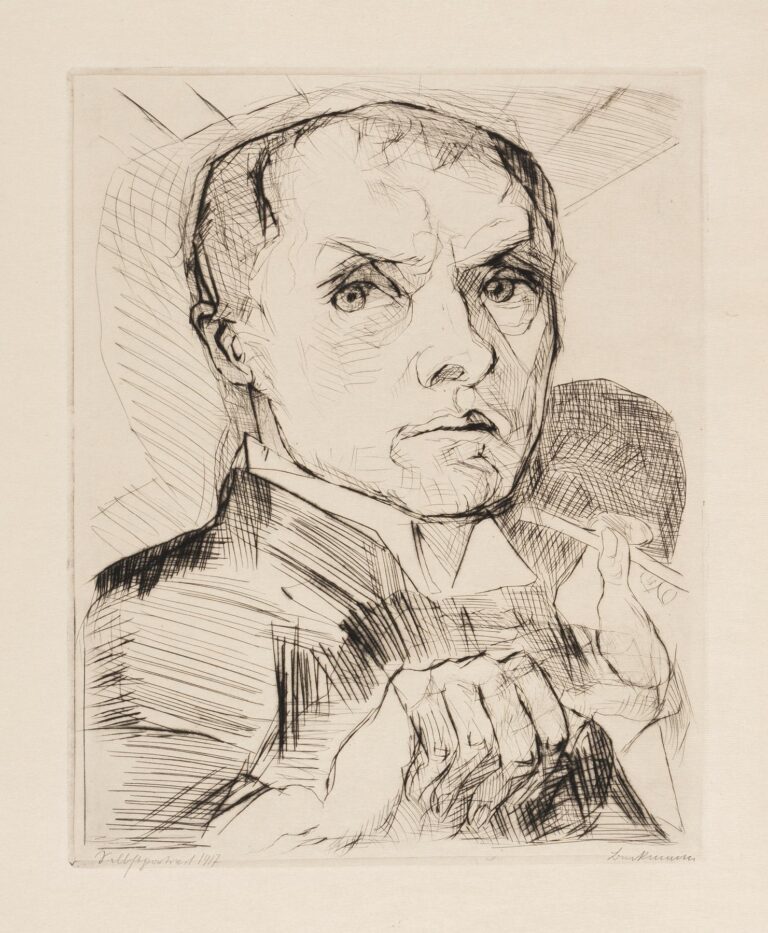 Etching “Gesichter Pl.05” by Max Beckmann featuring a large, furrowed head gazing directly at the viewer, with a ghostly second profile behind raising a smoking pipe, rendered in bold cross‑hatch lines.