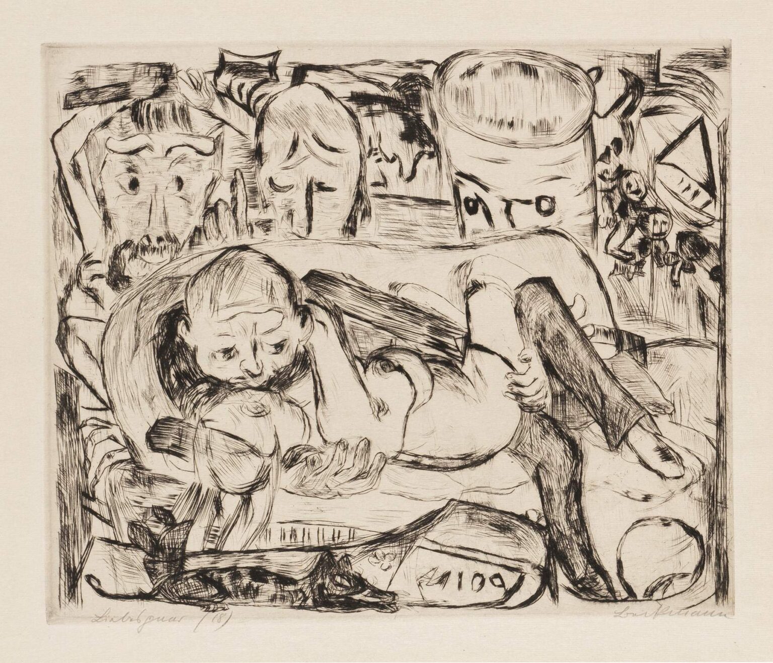 Etching “Gesichter Pl.06” by Max Beckmann depicting a central reclining figure cradling a smaller head beneath a row of masklike visages, rendered in stark, expressive black lines on a light background.