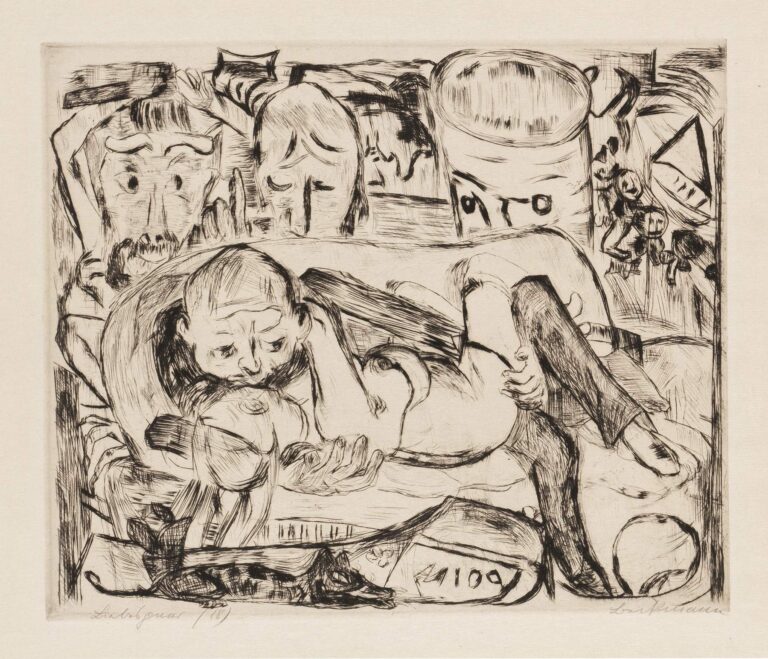 Etching “Gesichter Pl.06” by Max Beckmann depicting a central reclining figure cradling a smaller head beneath a row of masklike visages, rendered in stark, expressive black lines on a light background.