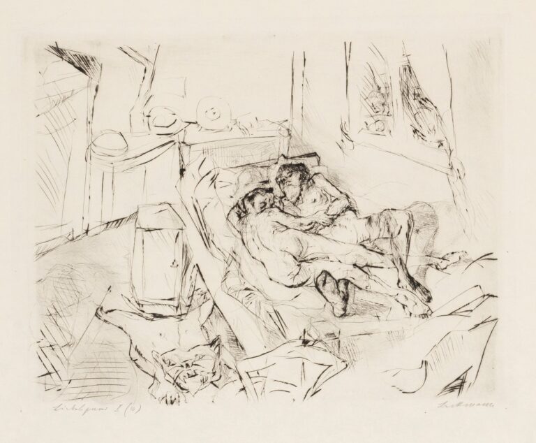 Etching “Gesichter Pl.07” by Max Beckmann showing two entwined nude figures on a simple bed in a sparse interior, interrupted by a tense cat prowling across a patterned rug beneath tall windows.