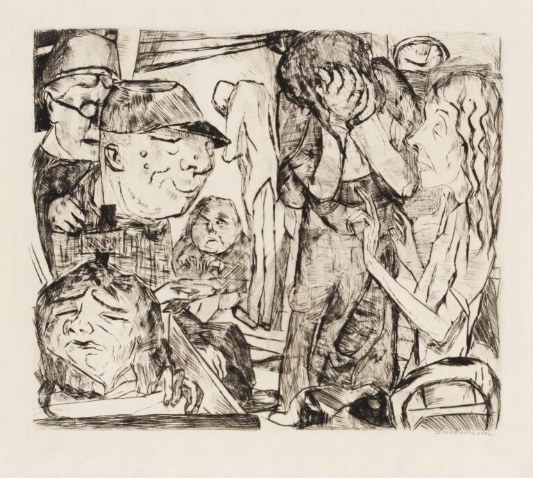 Black-and-white etching “Gesichter Pl.08” by Max Beckmann depicting six figures—a child clutching a platter, a sweating man with a cap, an older man with spectacles, a bowed adult covering his face, a pleading woman, and a reclining head—arranged in a compressed, stage‑like interior with a cross motif and a clock.