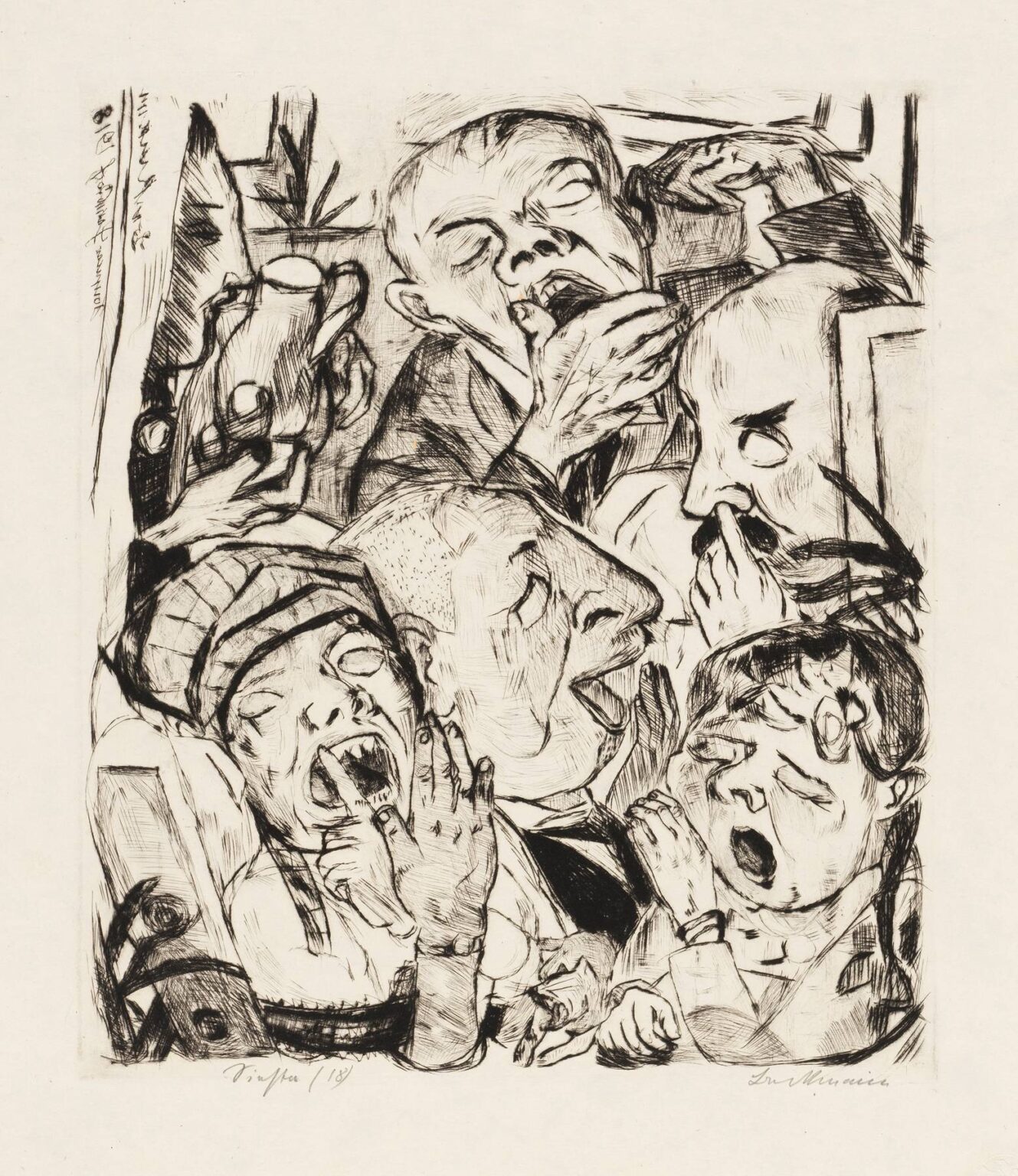 Etching “Gesichter Pl.09” by Max Beckmann showing five overlapping heads with wide-open mouths and clutching hands in a compressed, windowed interior, rendered in bold black lines and hatchings.
