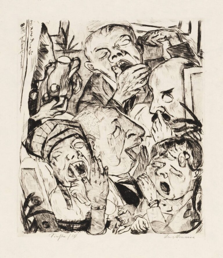 Etching “Gesichter Pl.09” by Max Beckmann showing five overlapping heads with wide-open mouths and clutching hands in a compressed, windowed interior, rendered in bold black lines and hatchings.