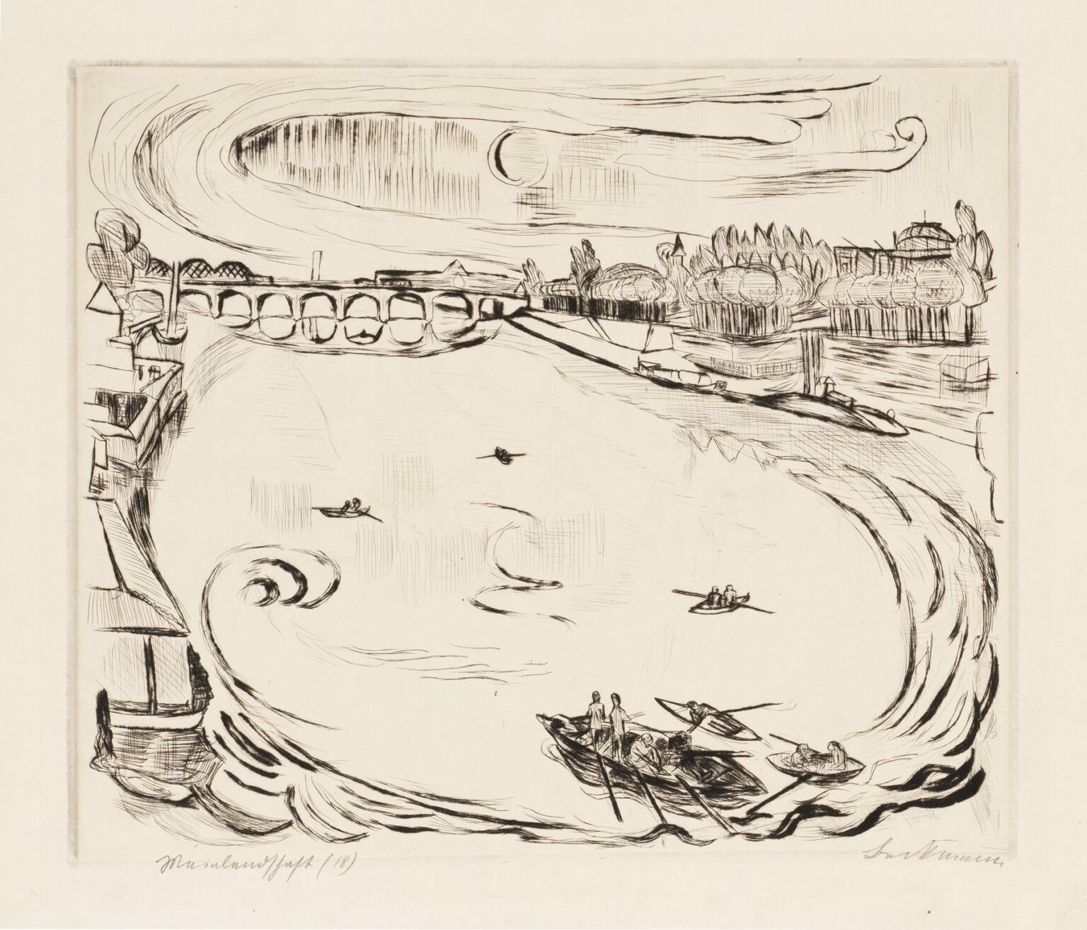 Black‑ink etching depicting a broad river with curved ripples and small rowboats in the foreground, a multi‑arched stone bridge spanning across, stylized trees and classical buildings on the far bank, and elliptical cloud bands swirling above.
