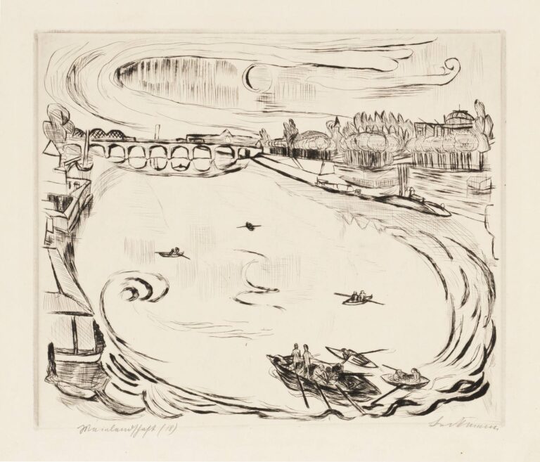 Black‑ink etching depicting a broad river with curved ripples and small rowboats in the foreground, a multi‑arched stone bridge spanning across, stylized trees and classical buildings on the far bank, and elliptical cloud bands swirling above.