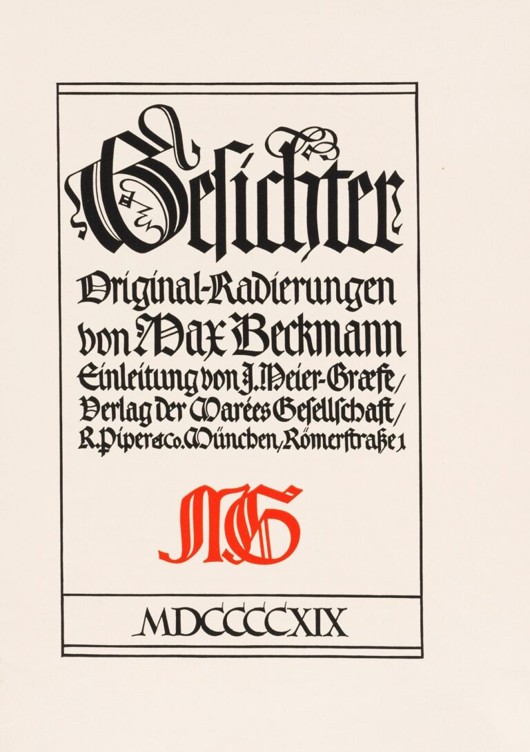 Black ink etching of a framed panel featuring ornate blackletter text reading “Gesichter,” finer Gothic credits below, a red interlocking “MB” monogram in the center, and the date “MDCCCCXIX” inscribed along the bottom.