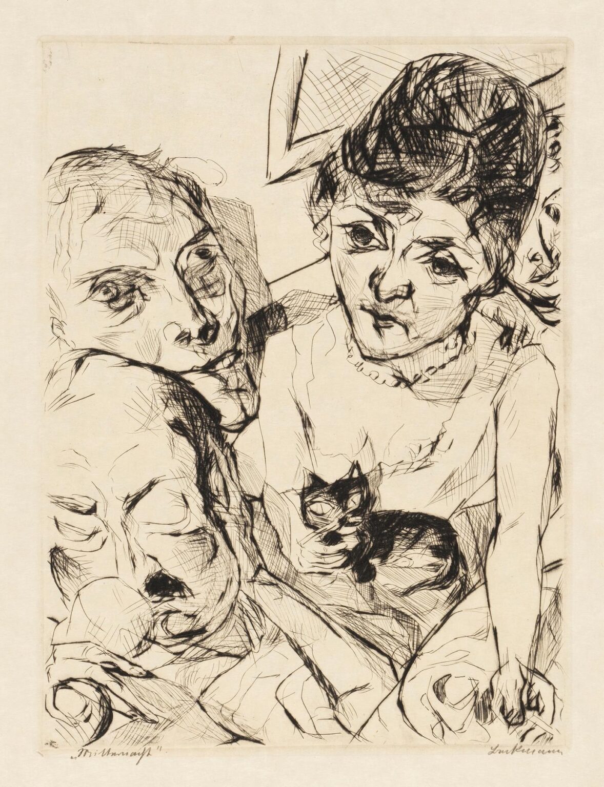 Black ink etching showing three closely clustered faces and two expressive hands reaching out, rendered with energetic cross‑hatching and flowing lines against a pale ground.