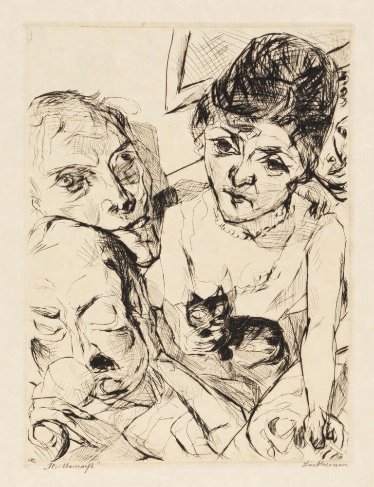 Black ink etching showing three closely clustered faces and two expressive hands reaching out, rendered with energetic cross‑hatching and flowing lines against a pale ground.