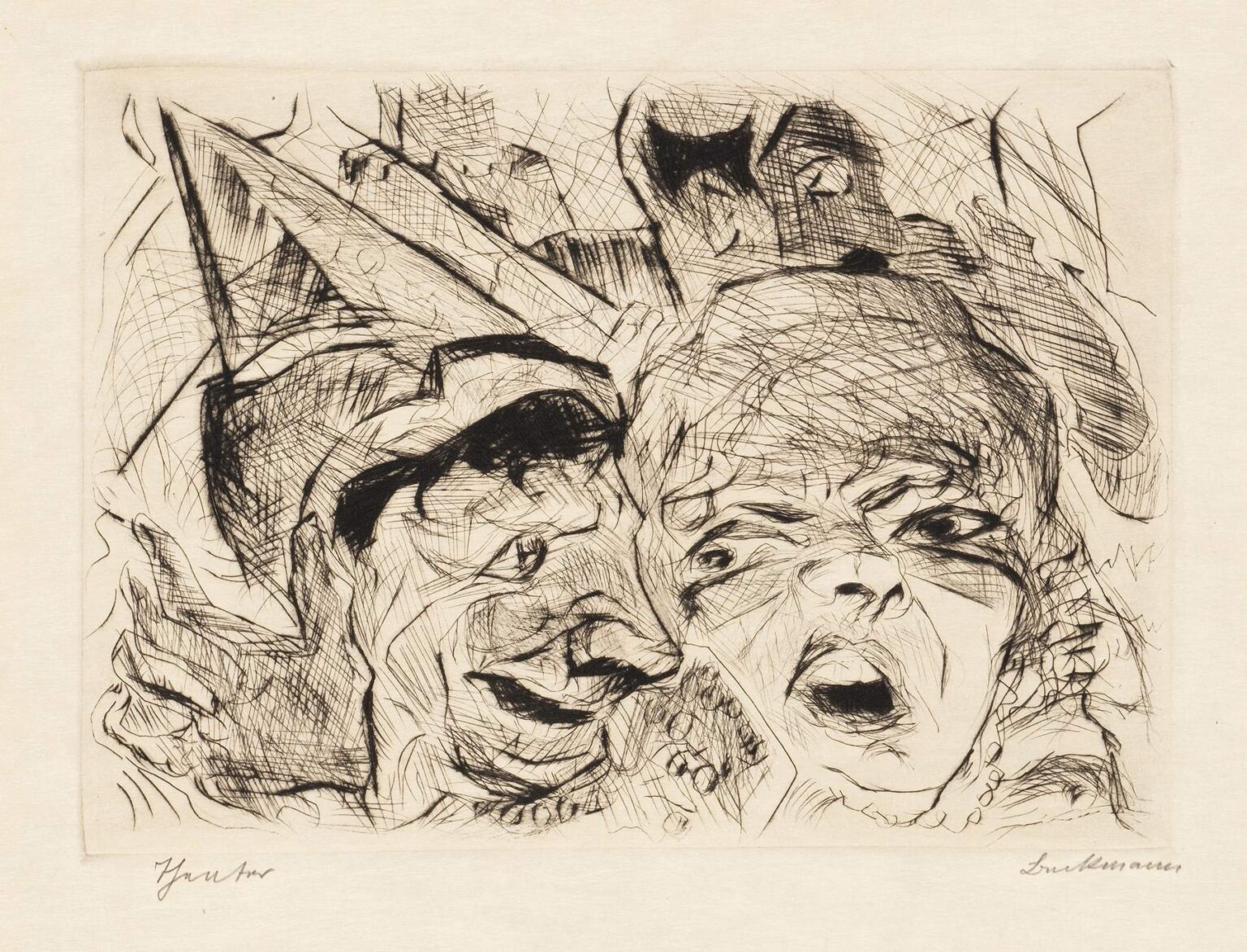 Black ink etching of two close‑up faces side by side—a sinister grin on the left, a wide‑mouthed scream on the right—rendered with energetic crosshatching and contrasting deep shadows.