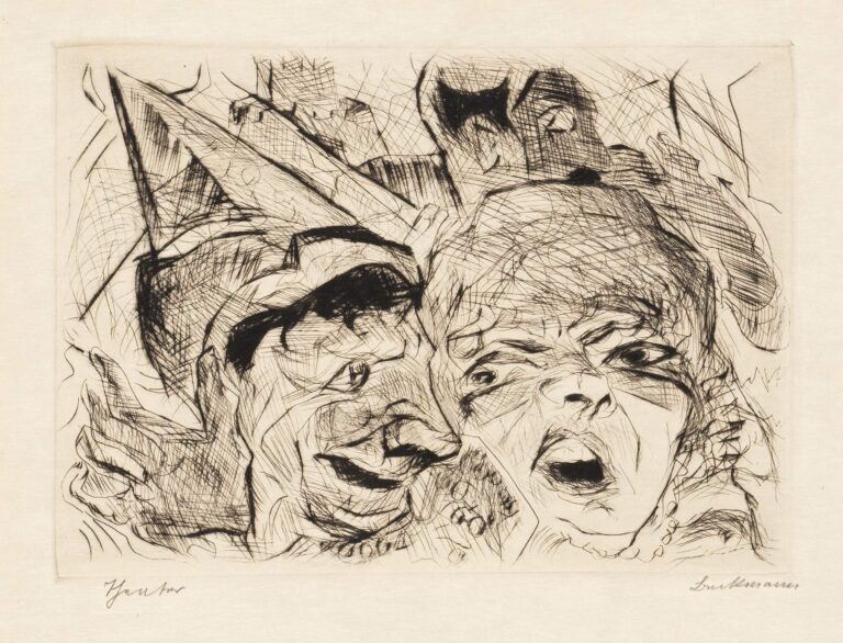 Black ink etching of two close‑up faces side by side—a sinister grin on the left, a wide‑mouthed scream on the right—rendered with energetic crosshatching and contrasting deep shadows.