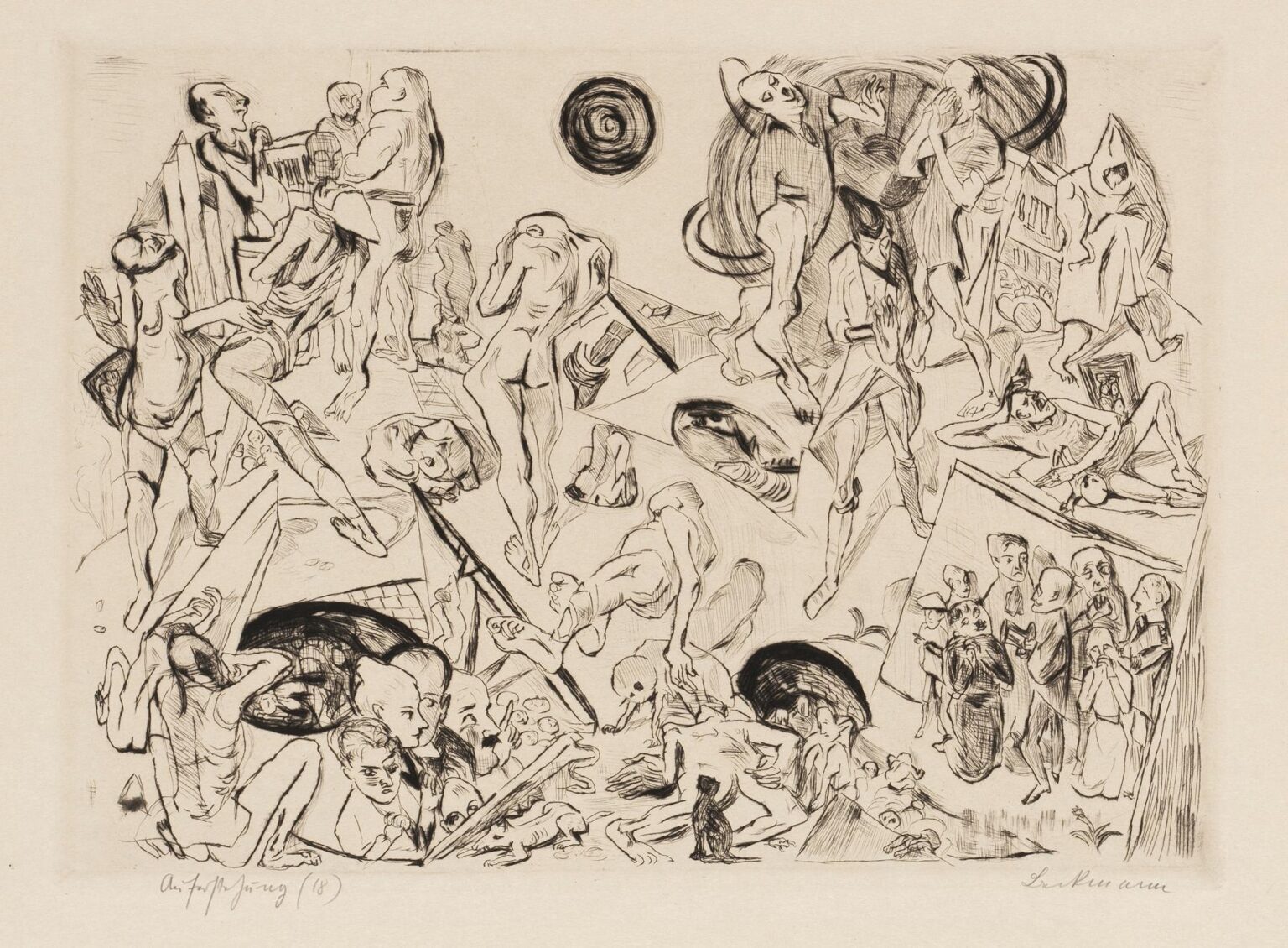 Intricate black‐ink etching of numerous fragmented human figures—some whole, many partial—interlocked in dynamic poses around two swirling orbit‐like circles against a fractured architectural backdrop.