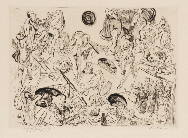 Intricate black‐ink etching of numerous fragmented human figures—some whole, many partial—interlocked in dynamic poses around two swirling orbit‐like circles against a fractured architectural backdrop.