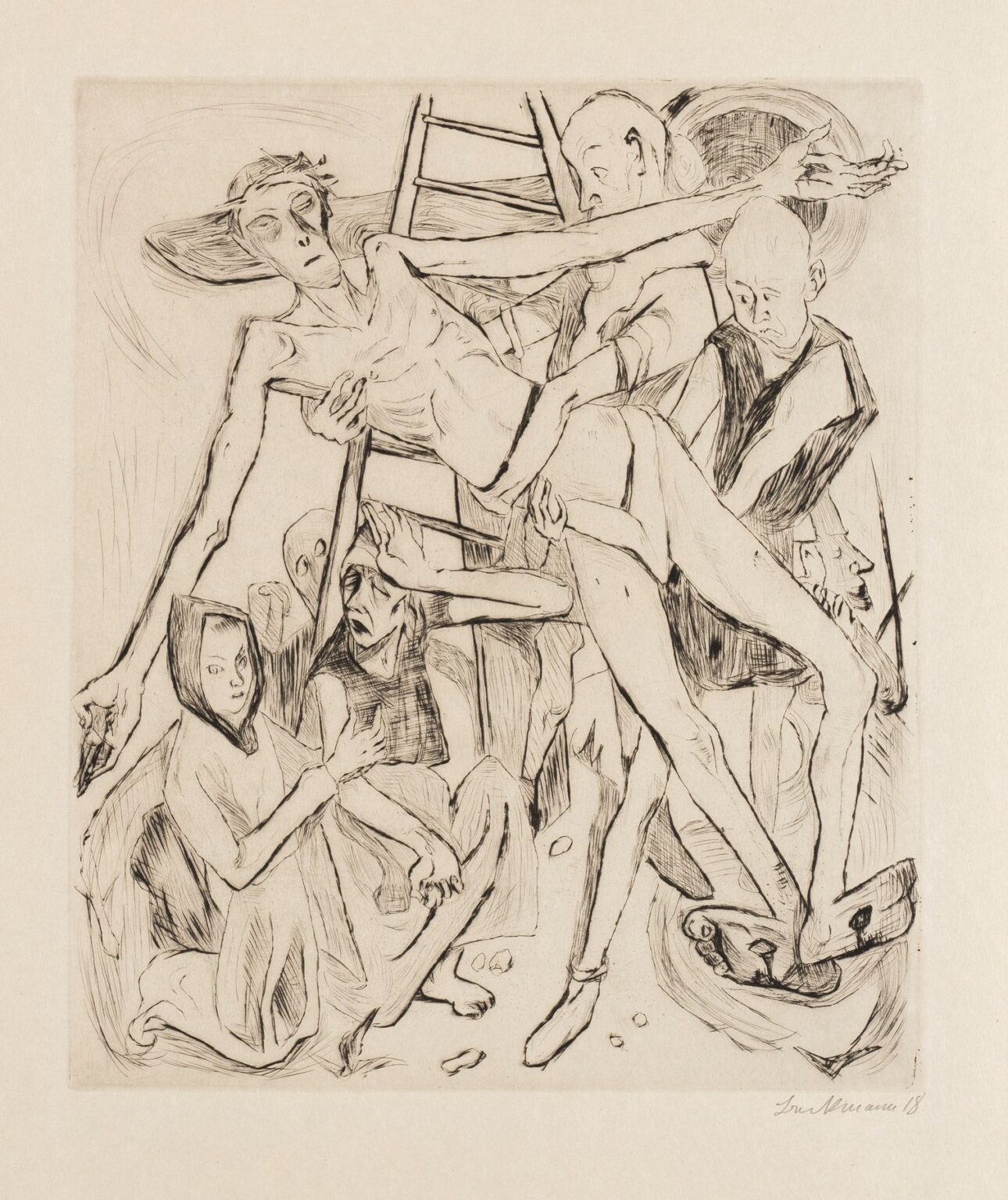 Black ink etching of an emaciated youth being cradled by four figures in a compressed space, limbs interlocked, a ladder behind them, and swirling halo shapes overhead, conveying compassion amid suffering.