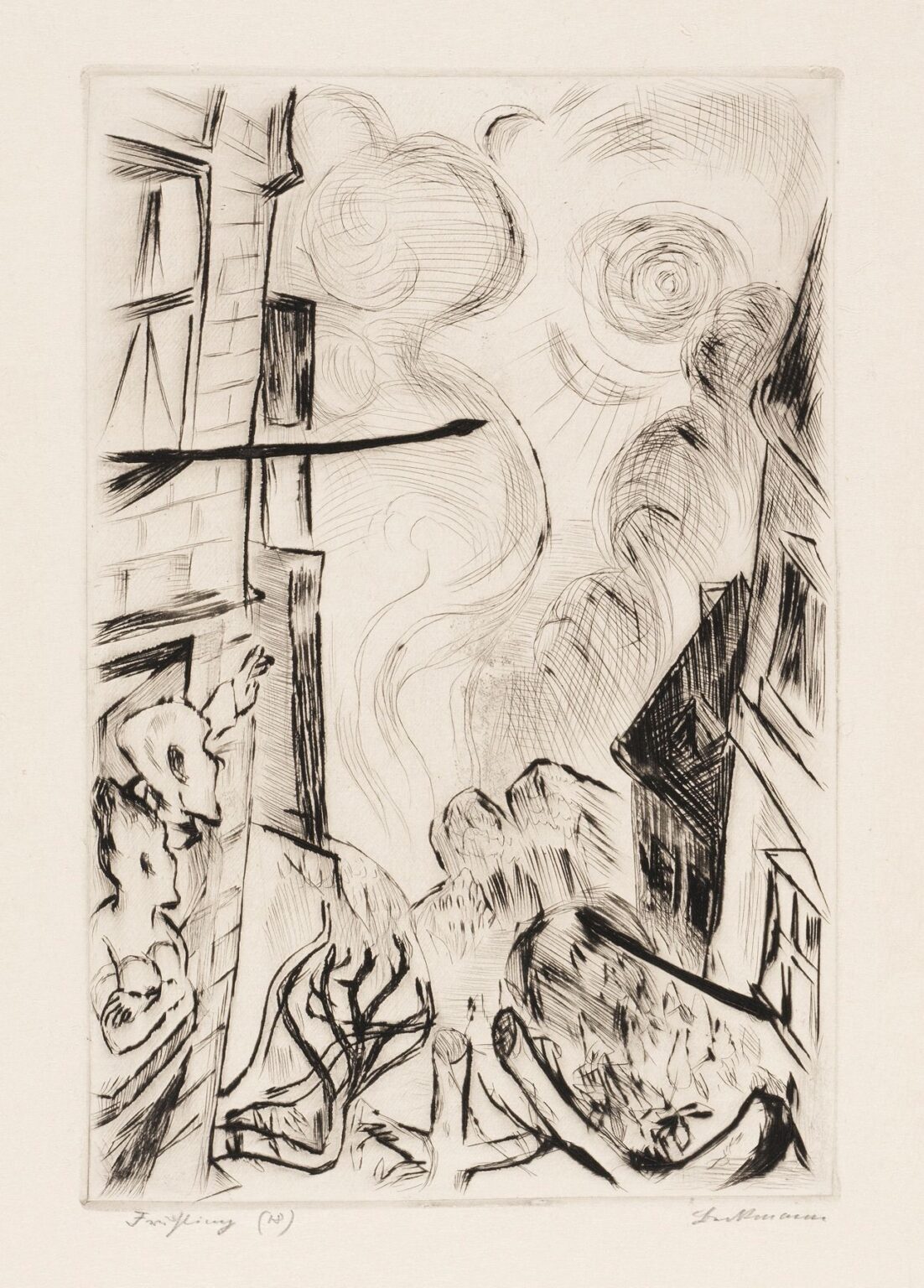Black ink etching showing two figures leaning from a window into a swirling sky, with crescent moon, tumultuous clouds, angled building façades, and abstract ground forms suggesting turmoil and exile.