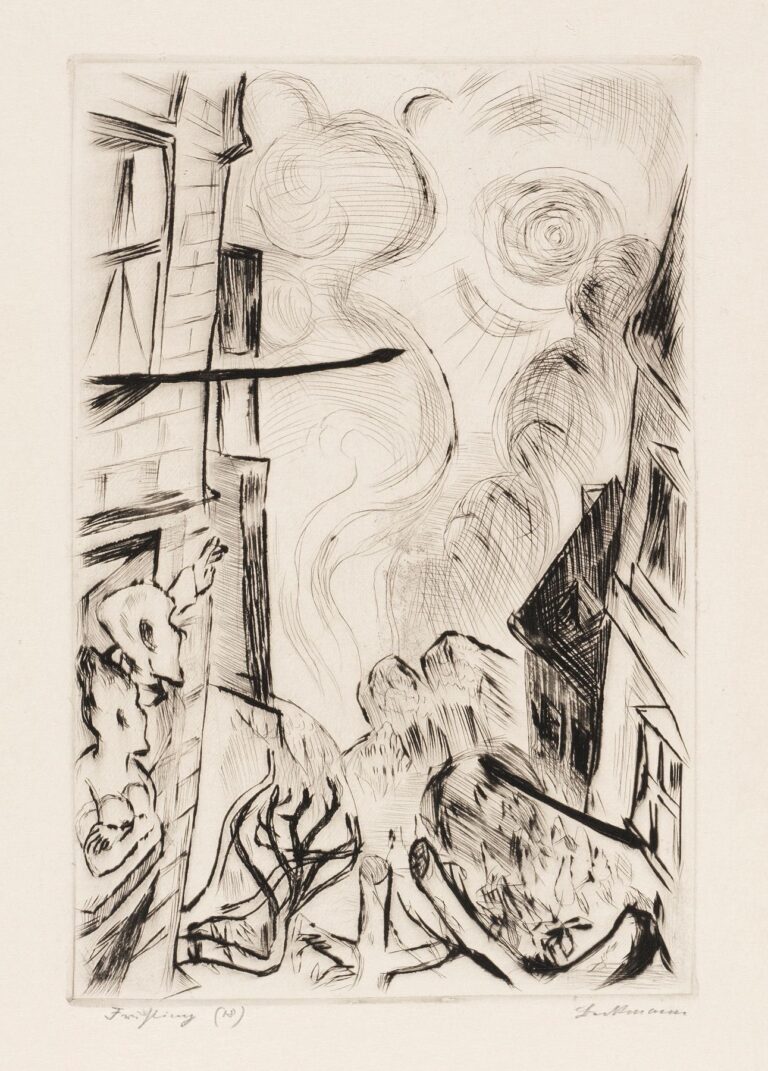 Black ink etching showing two figures leaning from a window into a swirling sky, with crescent moon, tumultuous clouds, angled building façades, and abstract ground forms suggesting turmoil and exile.