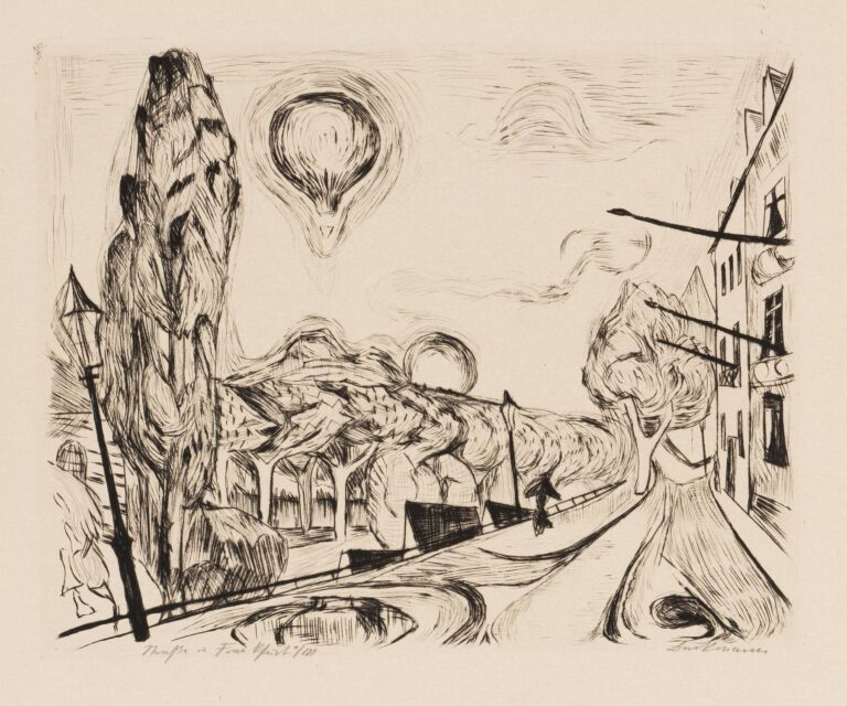 Black ink etching depicting a stylized landscape of tall trees, a colonnade of arches, a hovering circular orb in the sky, and leaning buildings, all rendered in dynamic etched lines and crosshatching to evoke psychological tension.
