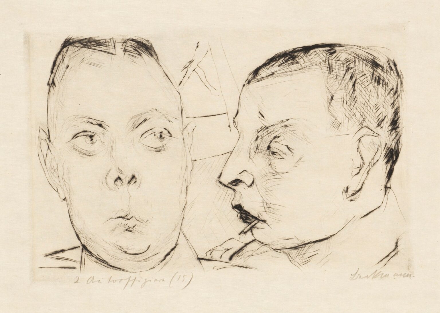 Black ink etching showing two overlapping heads—one frontal, one in profile—with bold contour lines and stippled shading, set against a textured background.