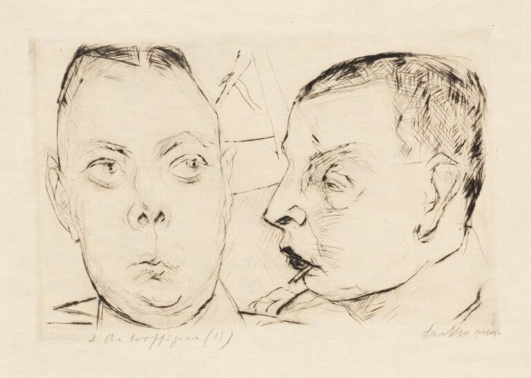 Black ink etching showing two overlapping heads—one frontal, one in profile—with bold contour lines and stippled shading, set against a textured background.