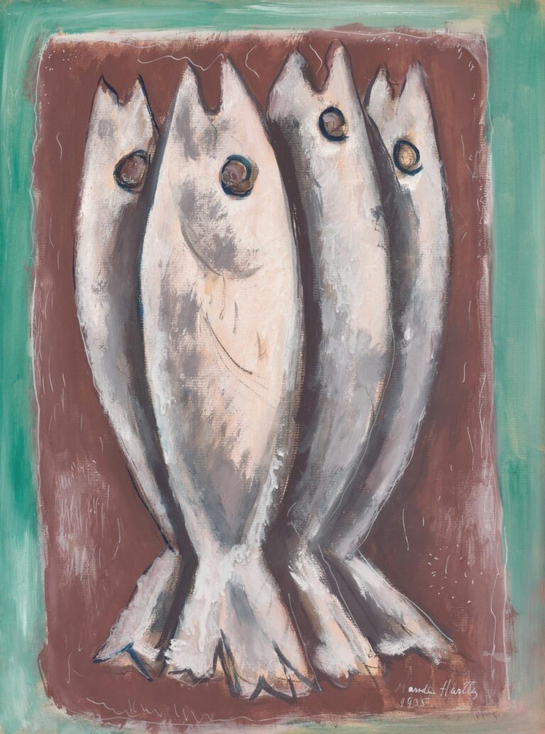 Painting by Marsden Hartley, “Sea Ghosts” (1935): four upright, silvery fish with spiral eyes stand closely together against a flat reddish-brown rectangle, framed by a turquoise-green border; thick dark outlines, scumbled whites, and simplified forms give the scene a solemn, iconic feel.