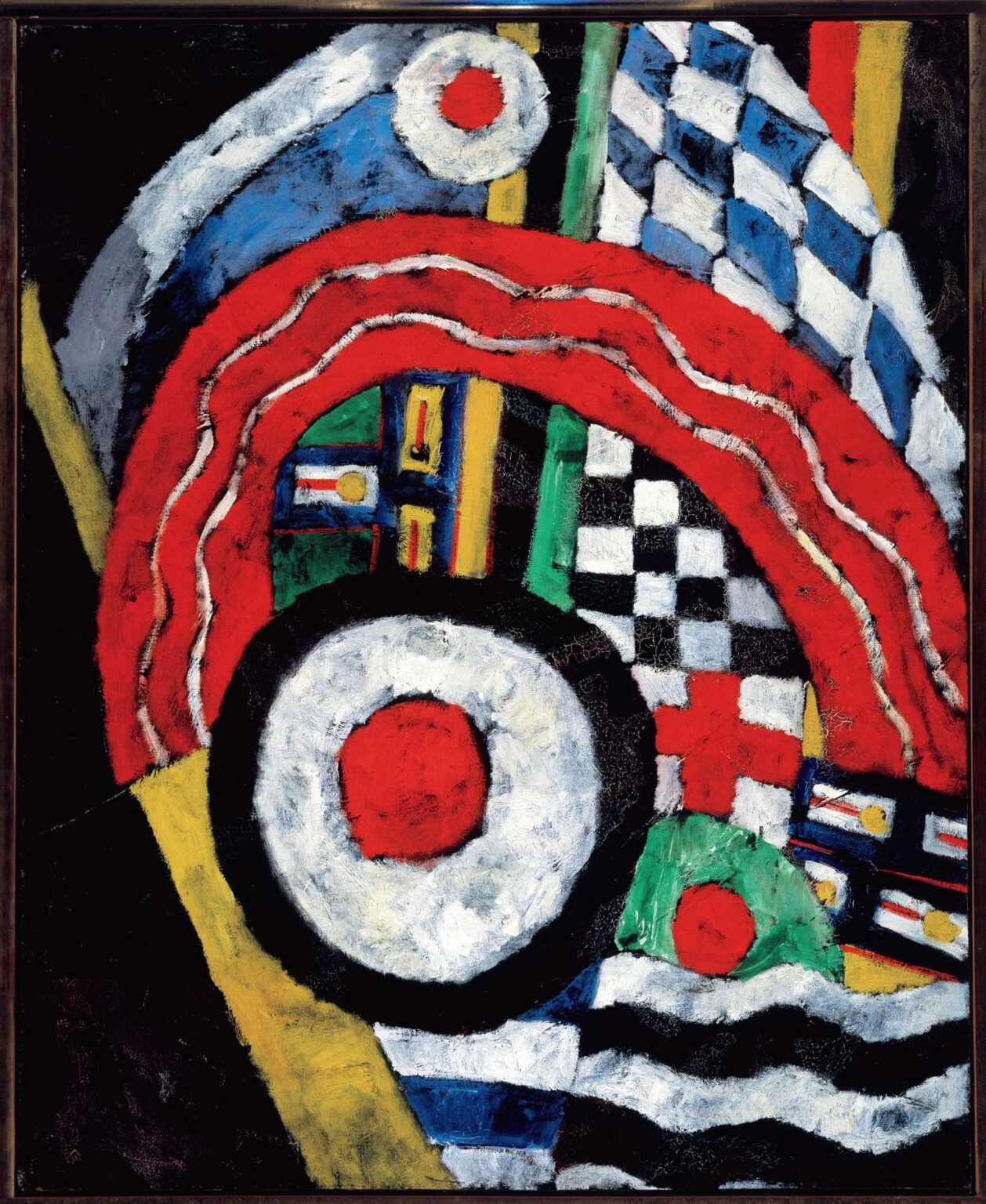 Oil painting by Marsden Hartley, “Painting No. 46” (1915): a dense field of red, white, blue, black, green, and yellow geometric motifs—targets, checkerboards, diamond grids, wavy stripes, and vertical bars—outlined in dark contours, resembling layered flags and emblems arranged in an arched composition against a dark ground.