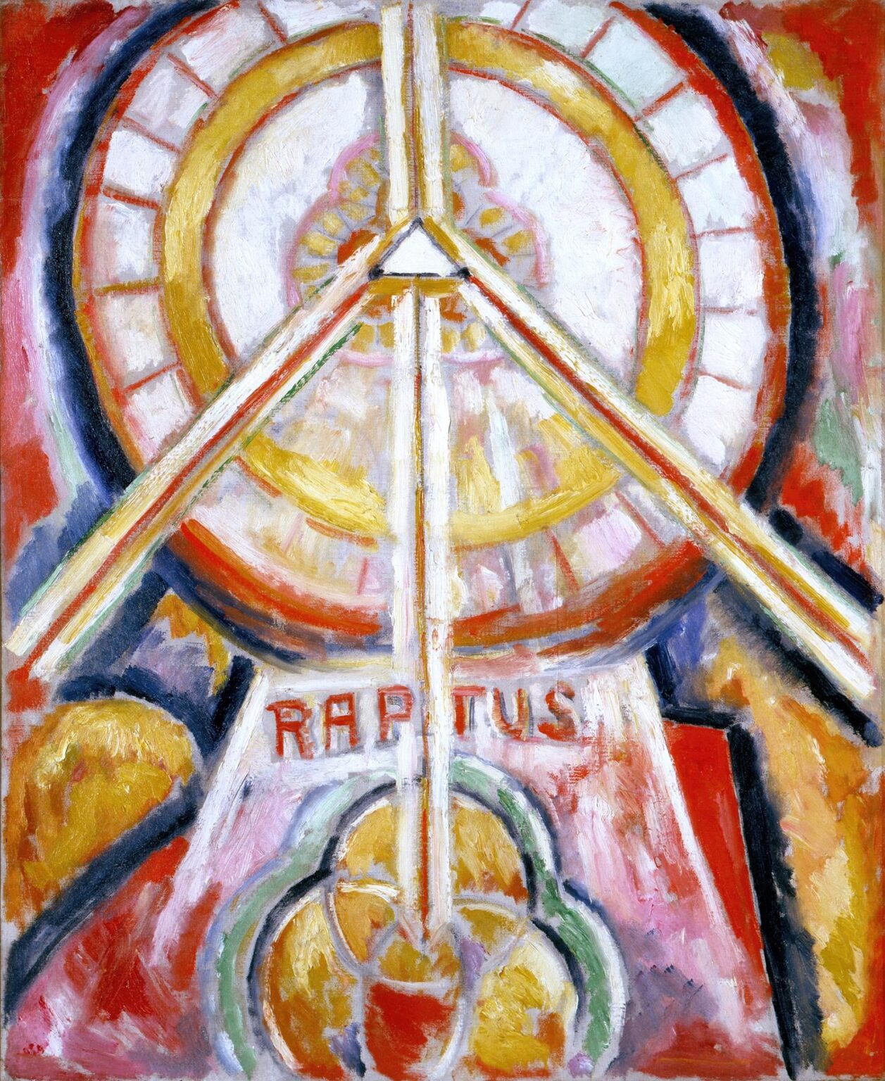 Oil painting by Marsden Hartley, Raptus (1913): a large golden and white circular disk dominates the top, pierced by three white-yellow beams forming a triangle that descends into a single vertical bar over the red word “RAPTUS”; surrounding reds, violets, and blues frame the glowing center, all rendered in thick, expressive brushstrokes.