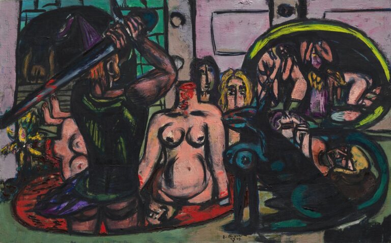 Max Beckmann’s Perseus’s Last Duty (1949), oil on canvas: a darkly expressionist scene of a headless female figure kneeling in a pool of blood, Perseus poised with a raised sword behind her, and a mirror reflecting anguished figures and a severed head.