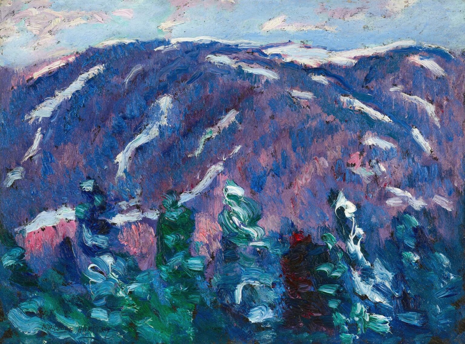 Oil painting by Marsden Hartley, “Songs of Winter, No. 3” (1908): a snow‑flecked purple and blue mountain sweeps across the canvas under a pale sky, with dark green evergreens in the foreground and thick, swirling white strokes suggesting drifting snow.