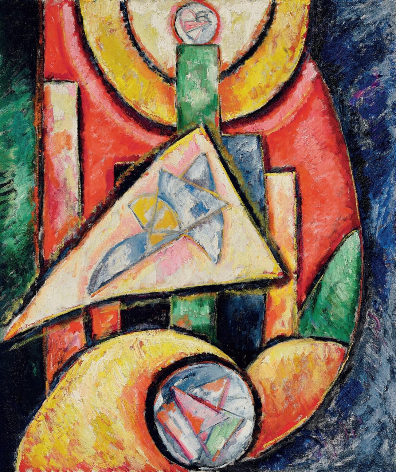 Oil painting by Marsden Hartley titled “Abstraction” (1913): overlapping red, yellow, green, and blue geometric forms—circles, crescents, triangles, and a central column—outlined in black and built with thick, textured brushstrokes, creating a totemic, altar‑like composition.