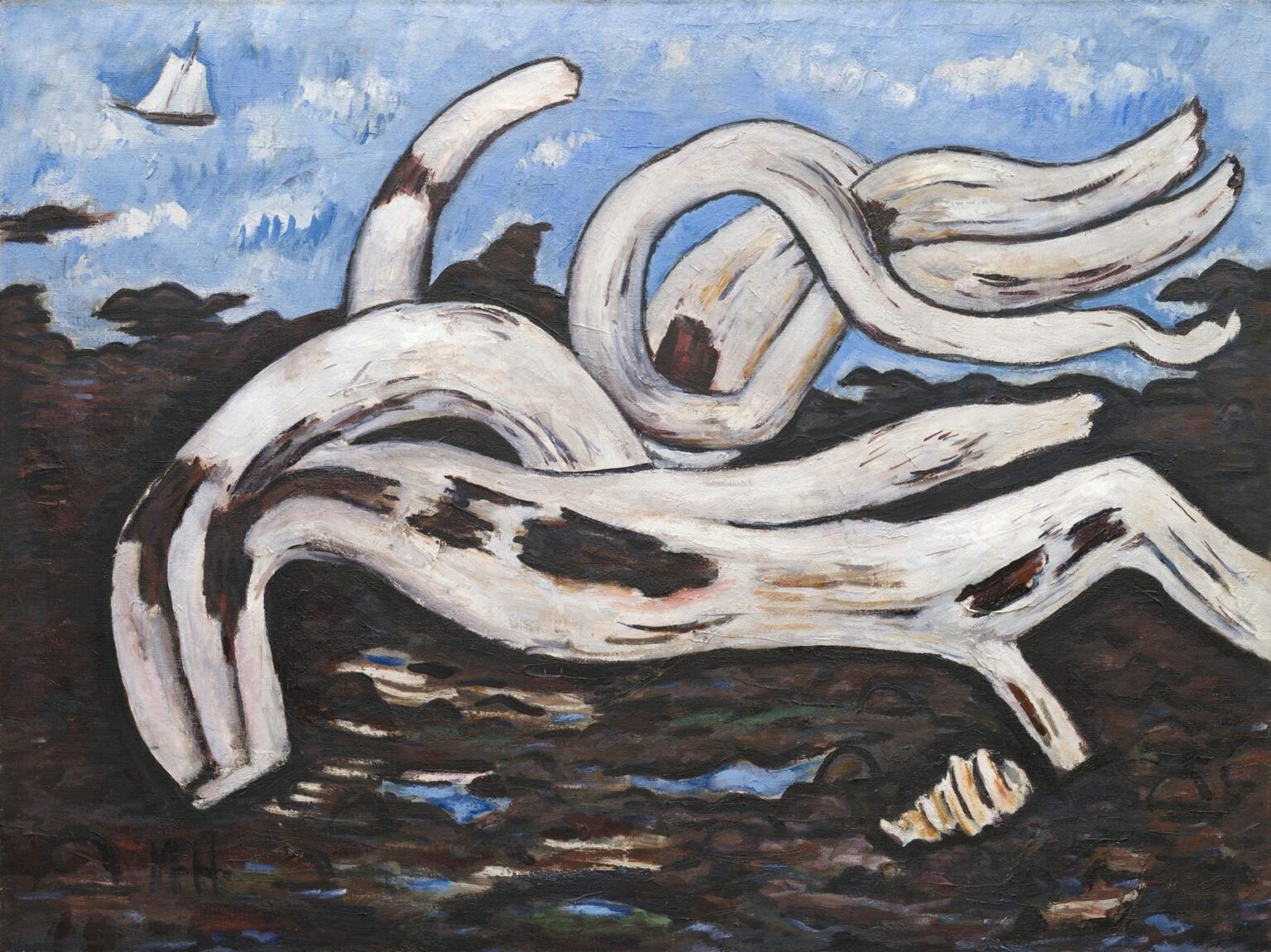 Oil painting by Marsden Hartley, “Driftwood on the Bagaduce” (1940): a massive, twisting white driftwood log sprawls across a dark rocky shore under a bright blue, cloud-dotted sky, with a tiny white sailboat on the horizon and a small shell near the foreground, all defined by thick black contours and expressive brushstrokes.