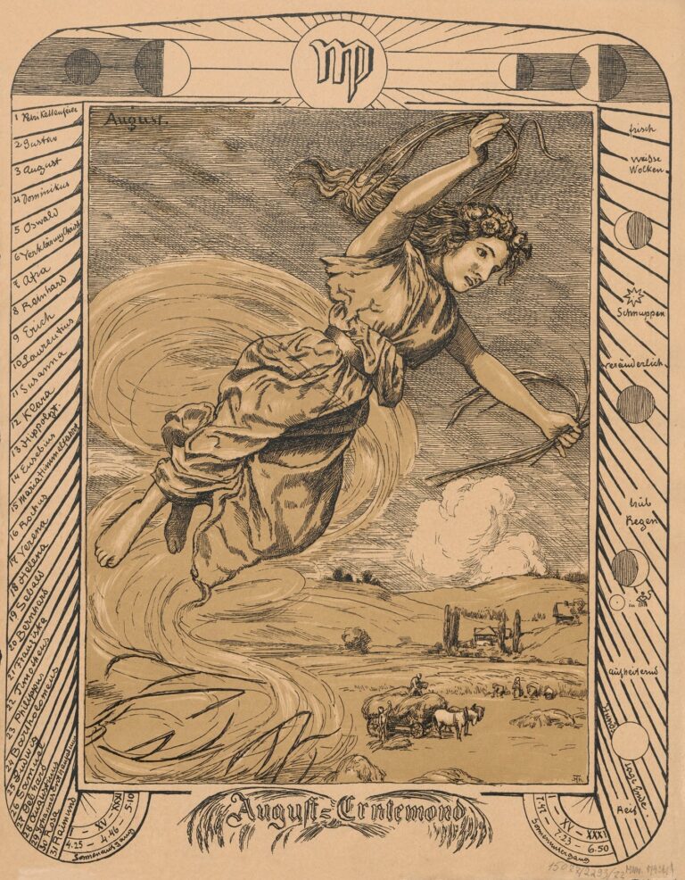 Pen-and-ink and wash drawing of a female figure in flowing drapery spiraling above a rural harvest scene with hay wagons and reapers, flanked by vertical panels listing August saints’ days and weather icons, under the Virgo zodiac glyph.