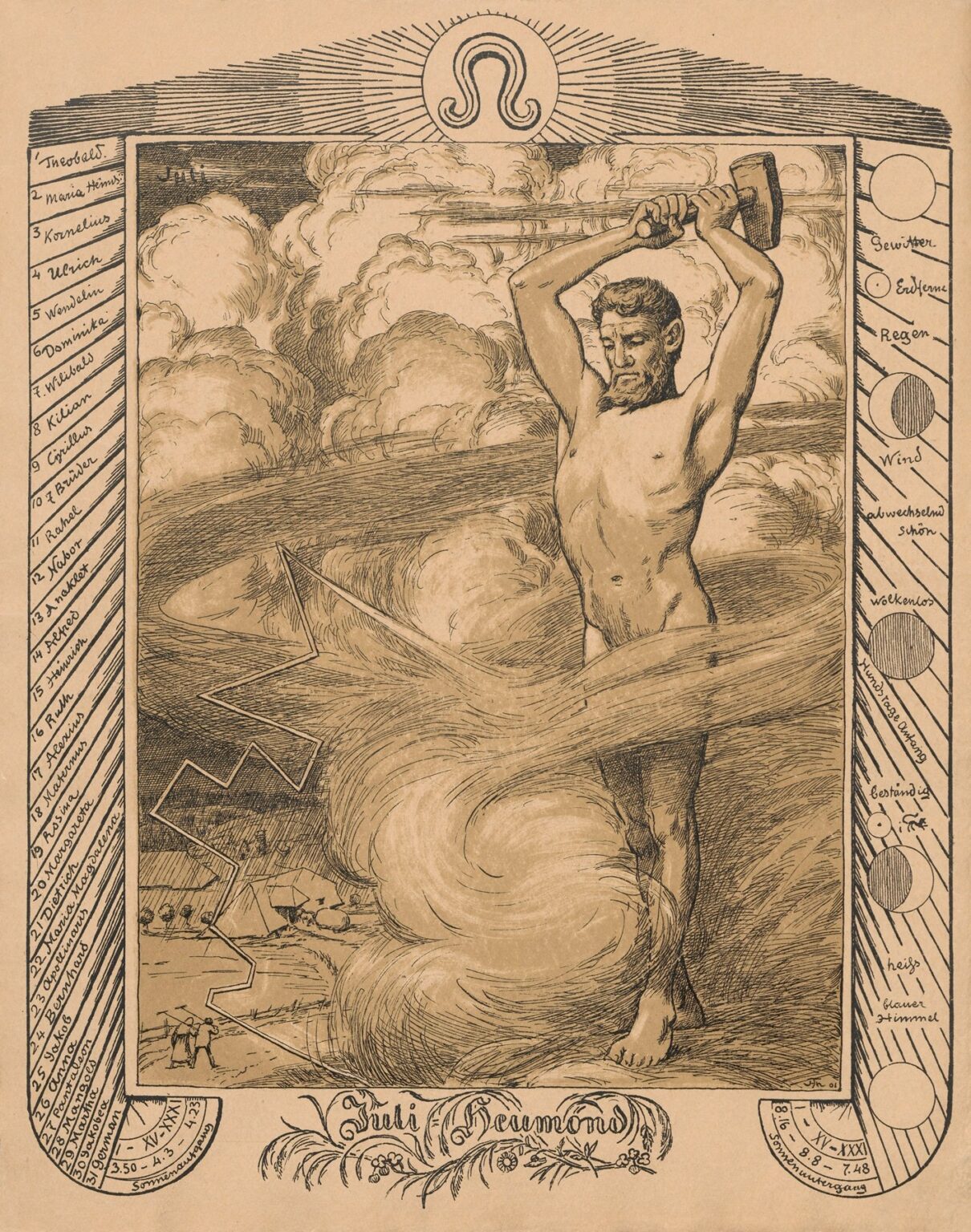 Sepia-toned pen-and-ink drawing of a muscular nude man raising a hammer above storm clouds swirling at his waist, with a small farmhouse and figures sheltering below, bordered by a list of July saints’ feast days on the left and weather icons on the right under a Leo zodiac glyph.