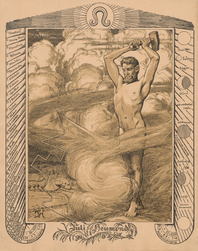 Sepia-toned pen-and-ink drawing of a muscular nude man raising a hammer above storm clouds swirling at his waist, with a small farmhouse and figures sheltering below, bordered by a list of July saints’ feast days on the left and weather icons on the right under a Leo zodiac glyph.