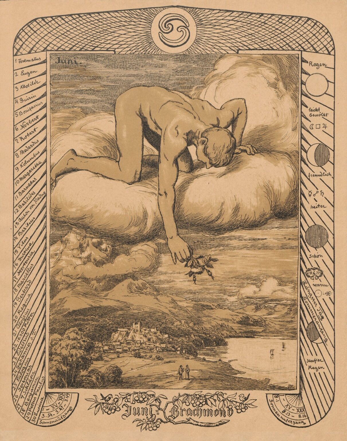 Sepia-toned pen-and-ink allegory showing a nude male figure crouched on a fluffy cloud, reaching down to pluck a sprig of berries above a panoramic village and lake, flanked by vertical panels listing June saints’ feast days on the left and weather symbols on the right under a circular June motif.